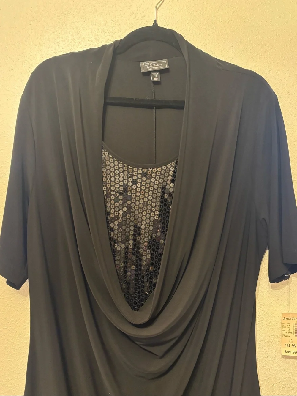 dressbarn Black Draped Neck Dress Jacket with Sequin Panel 18 0020S